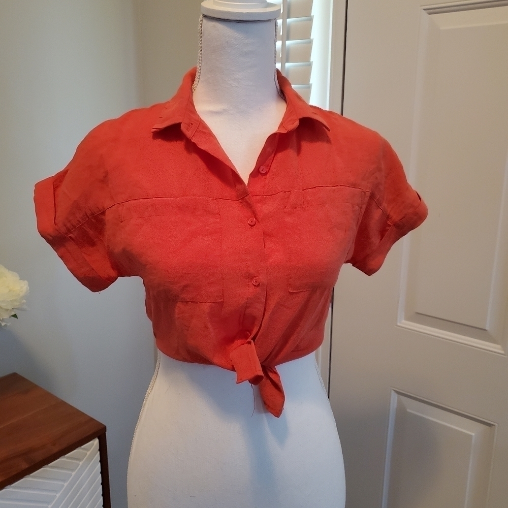 Zara Button up Crop Top Small Red Tie Front Silky Camp Shirt Lightweight